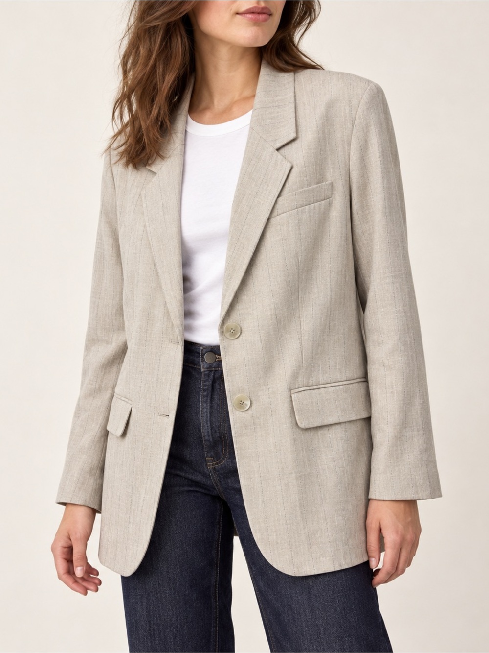 H&M Beige Pinstripe Longline Blazer | Medium